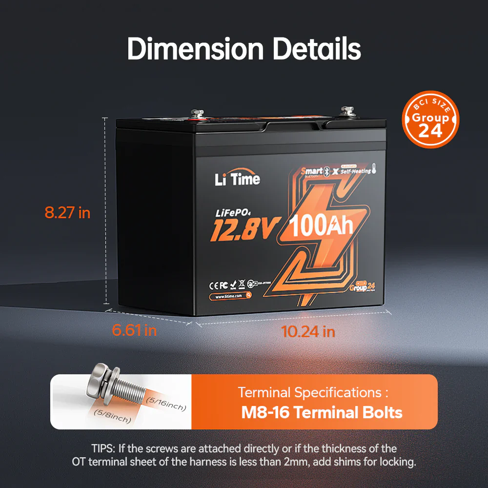 LiTime 12V 100Ah Group 24 Bluetooth Lithium Battery with Self Heating - Image 3