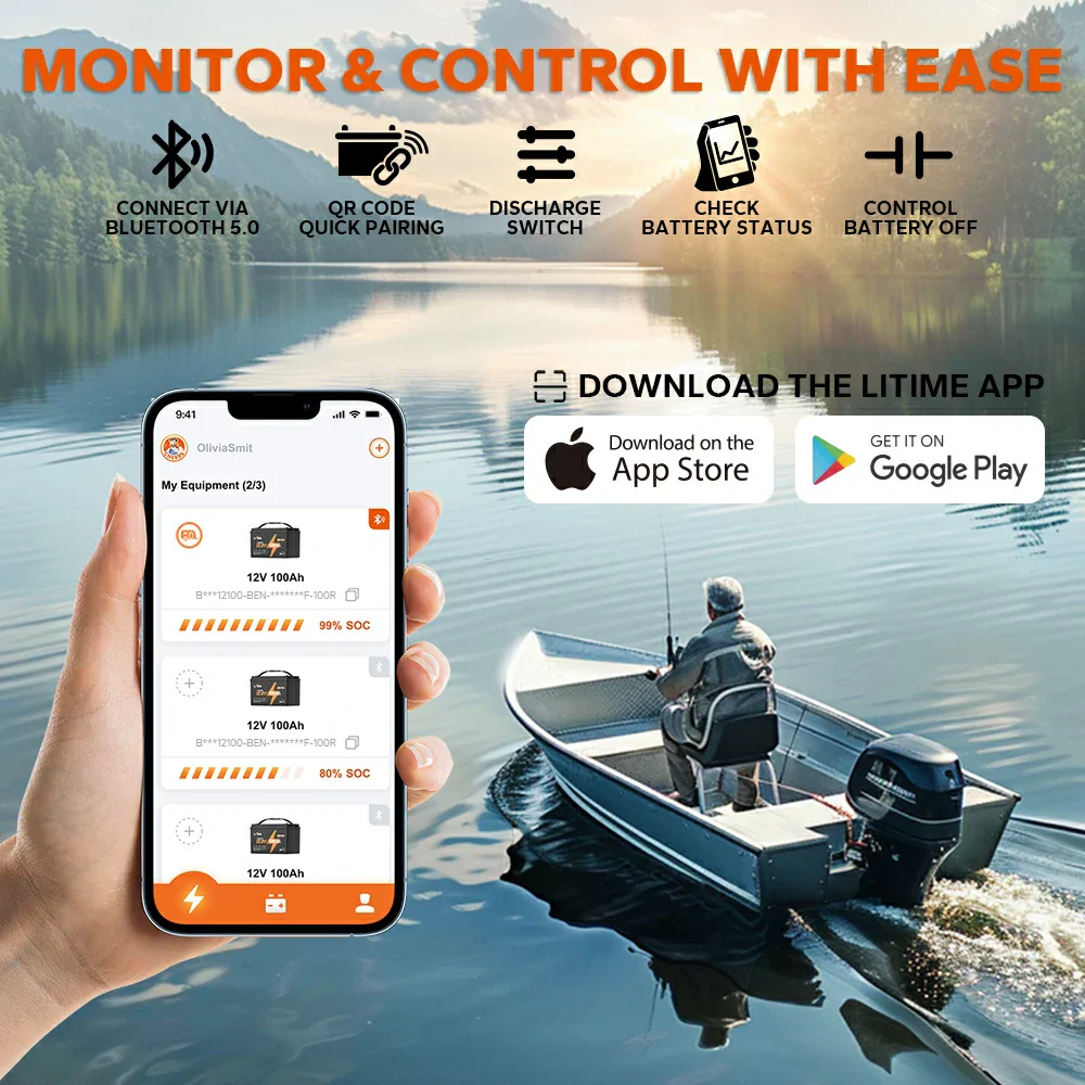 LiTime 12V 100Ah TM Lithium Marine Trolling Motor Battery with Bluetooth - Image 3