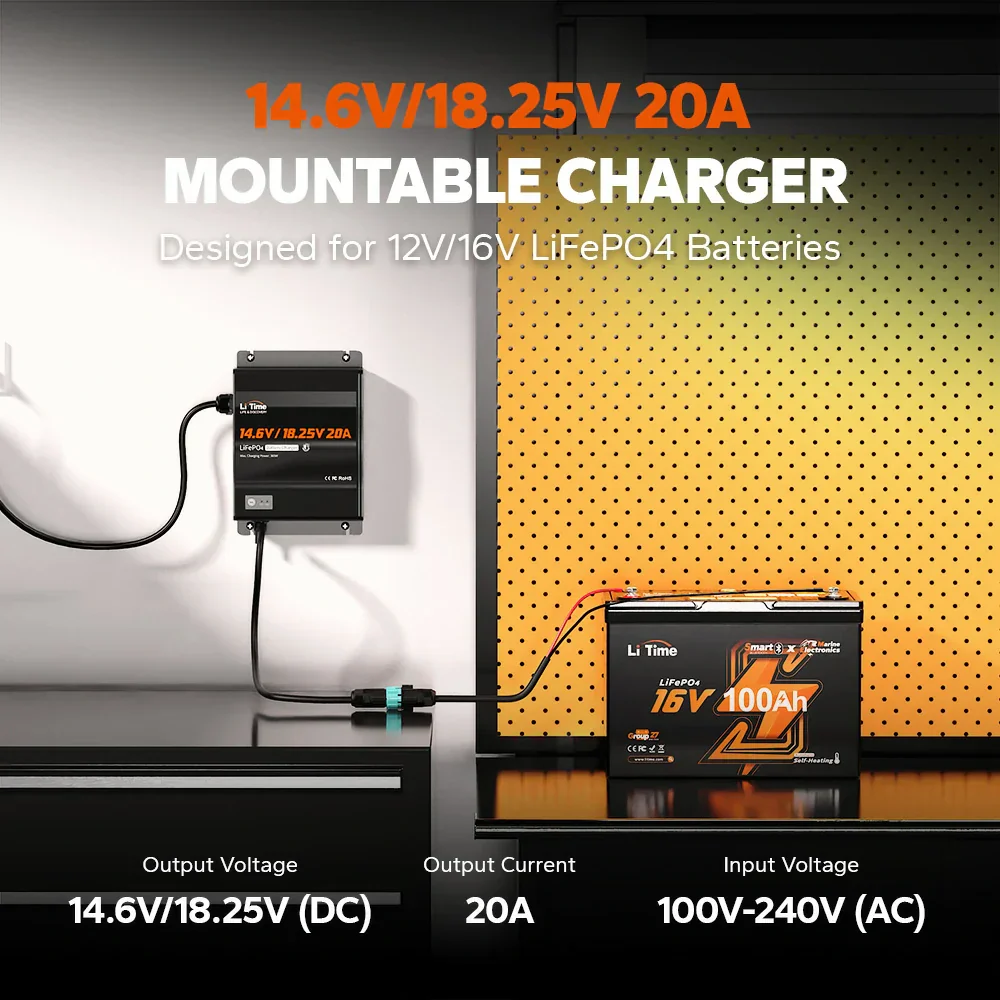 LiTime 12V(14.6V) & 16V(18.25V) 20A Waterproof Lithium Battery Charger - Image 2