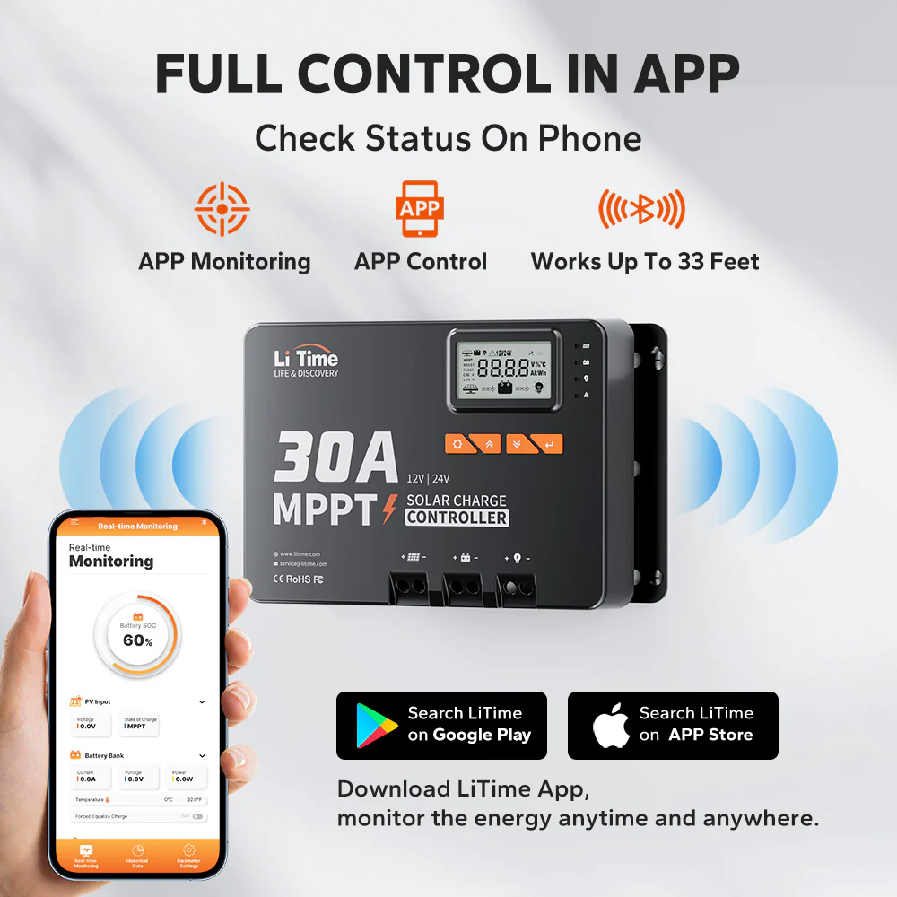 LiTime 30A MPPT 12V/24V Solar Charge Controller Bluetooth Integrated - Image 2