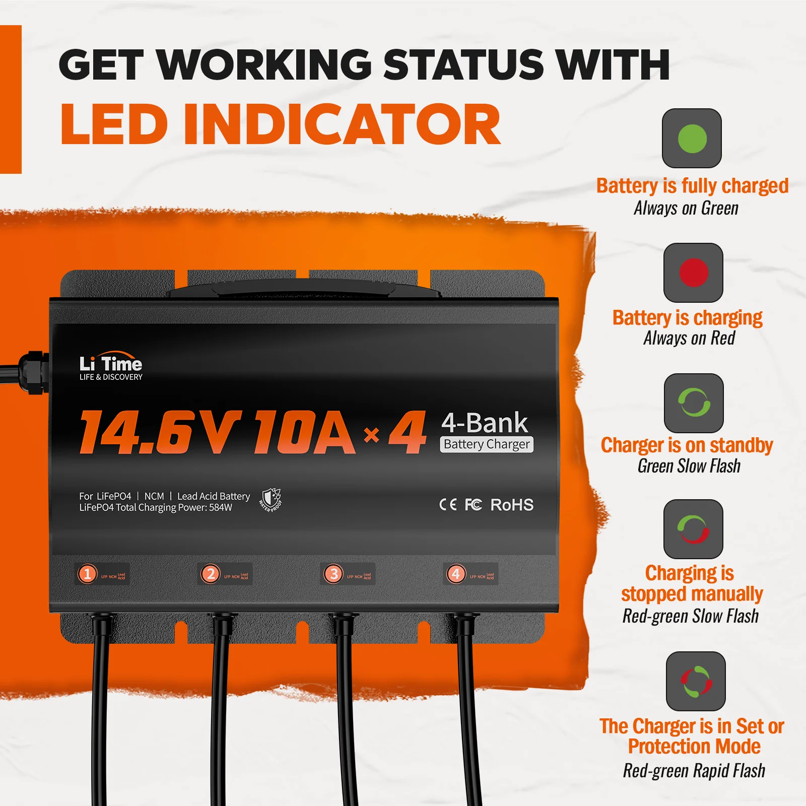LiTime 4 Bank 12V 10A Battery Charger for Marine, RV - Image 3